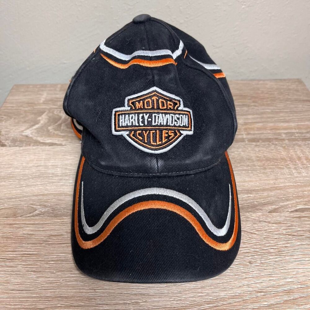 Vintage Y2K Harley Davidson hat baseball cap adjustable strap back black orange